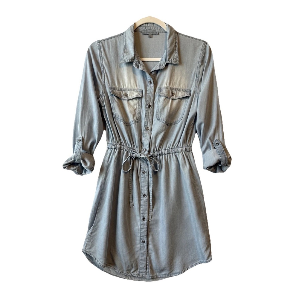 Love Tree Light Wash Distressed Tencel Chambray Soft Shirt Dress S Western Boho